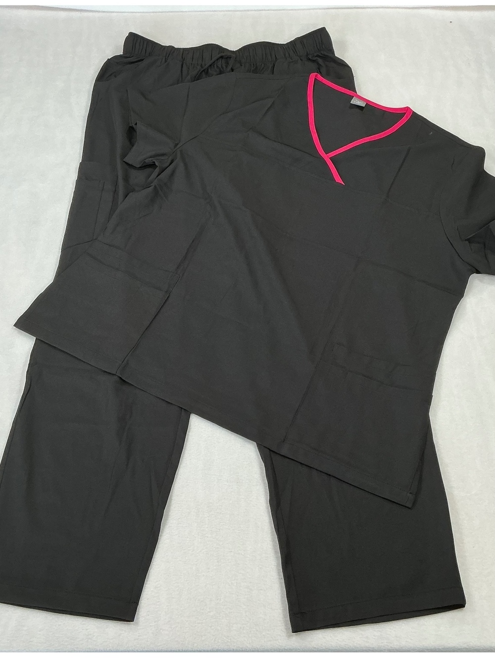 Women’s Black Scrub Set XL Pink Trim V-Neck Top & Pants Stretch Uniform